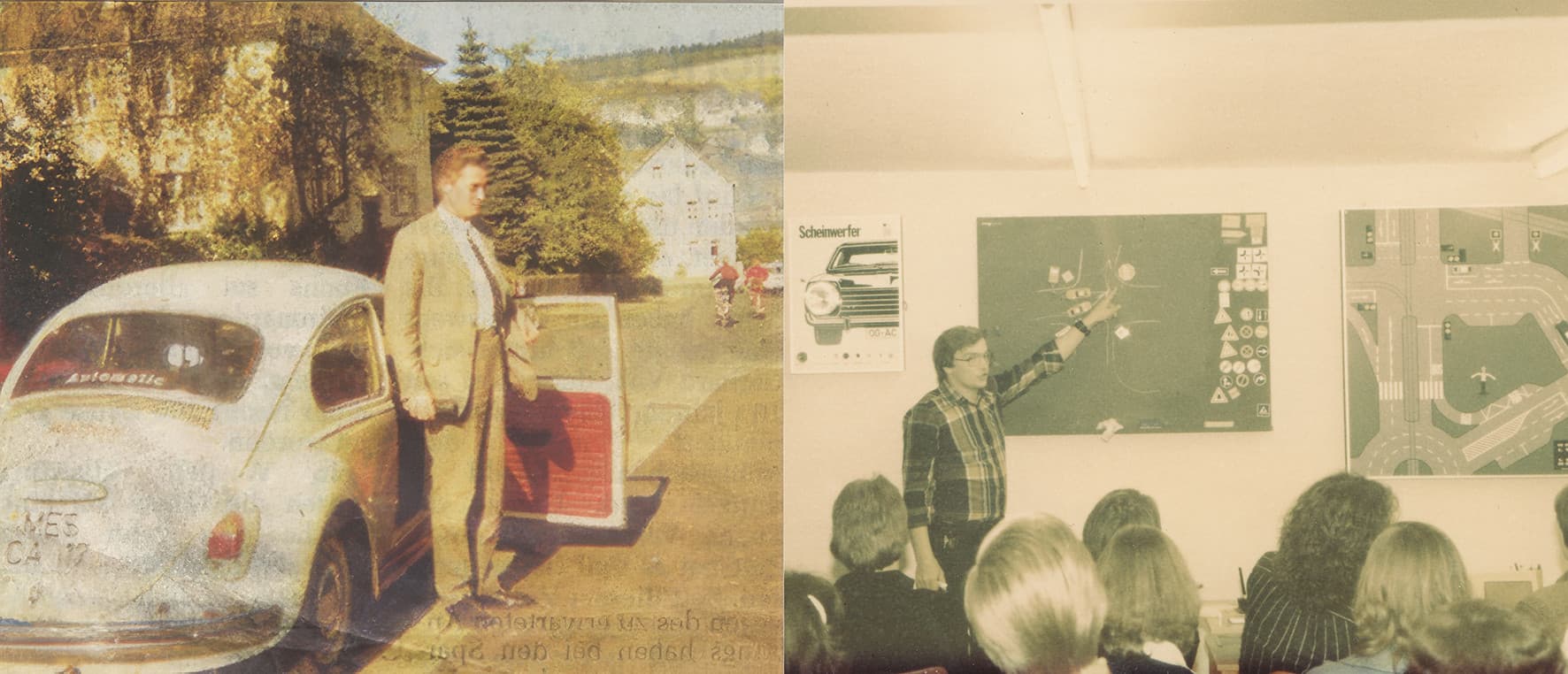 Zwei historische Aufnahmen: 1968 die Gründung der Fahrschule Schnier in Meschede, 1978 Theorieunterricht in der Fahrschule Voss in Schmallenberg