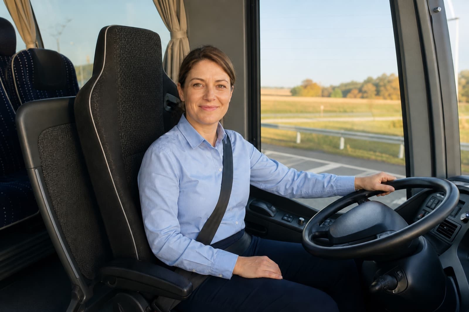 Busfahrerin am Steuer eines Reisebusses