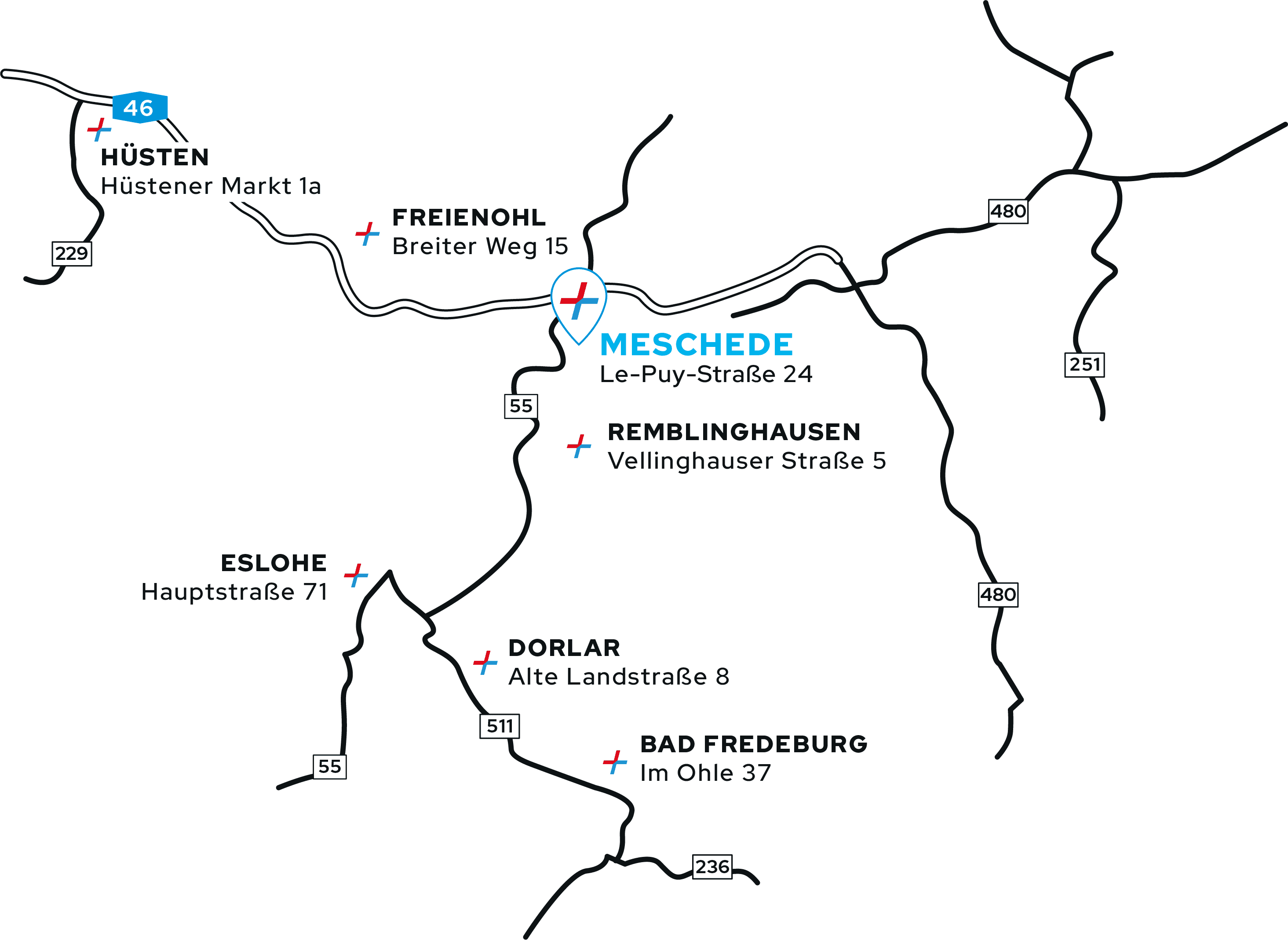 Karte des Sauerlands mit den 7 Standorten der Fahrschule Schnier + Voss: Meschede, Hüsten, Bad Fredeburg, Freienohl, Eslohe, Dorlar, Remblinghausen