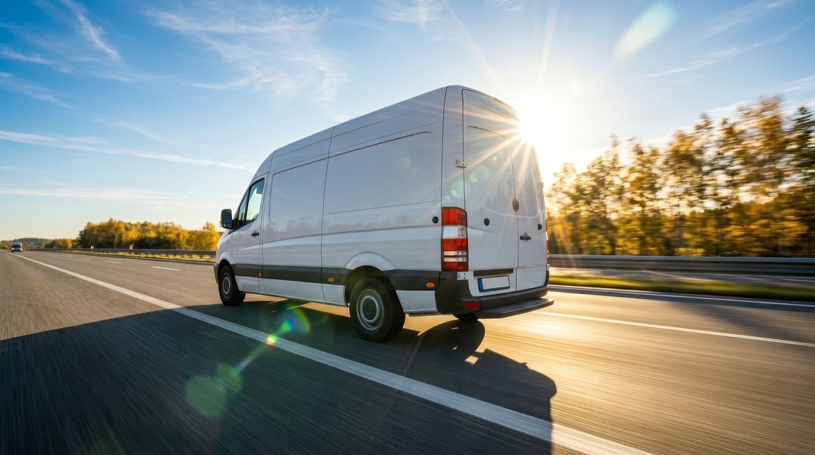 Weisser Transporter auf der Autobahn im Abendlicht